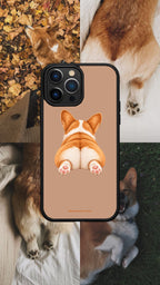 Coque de téléphone Corgy à motif de corgi vu de dos sur fond camel, présentée dans un montage de photos de corgis au repos et dans les feuilles.
