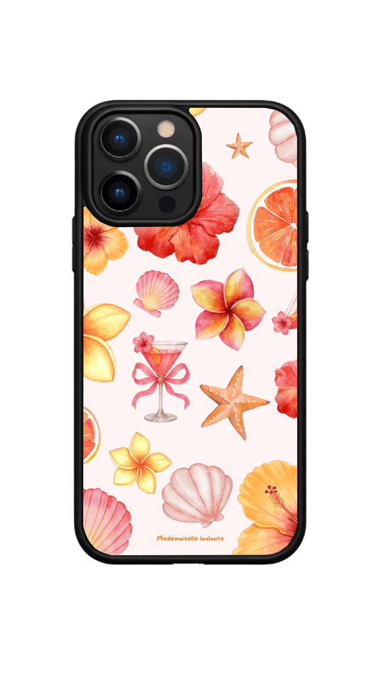 Coque de téléphone Tropic Vibes avec fleurs tropicales, coquillages, étoile de mer, agrumes et cocktail rose, design inspiré des vacances et de l'été.