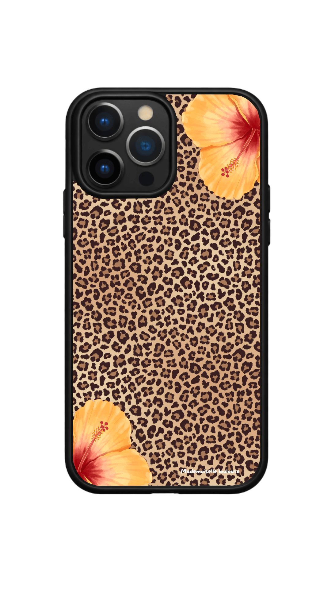 Coque de téléphone Safari avec imprimé léopard et fleurs d'hibiscus tropicales, design tendance inspiré des vacances et de l'été.
