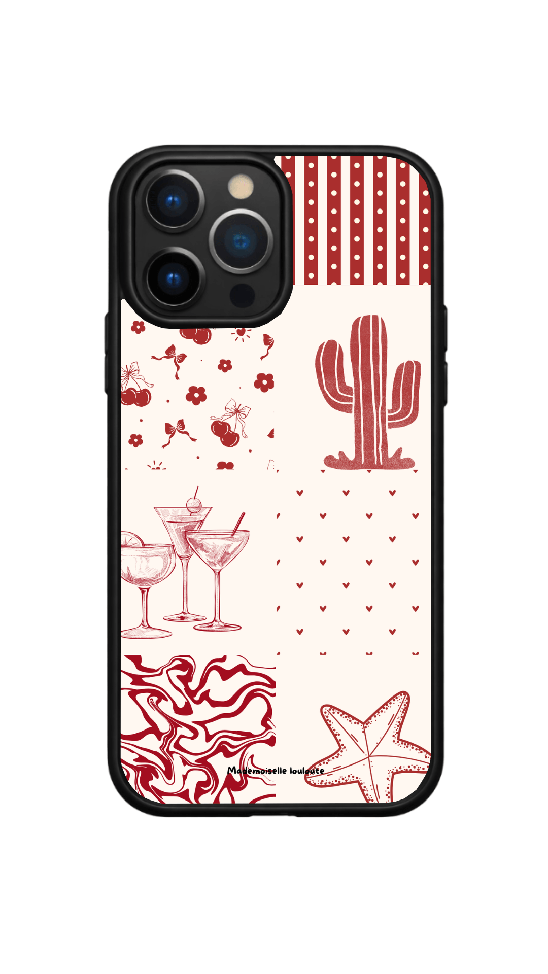 Coque de téléphone Amore avec motifs cerises, cocktails, cactus, cœurs et étoile de mer dans un style patchwork rétro inspiré des vacances.
