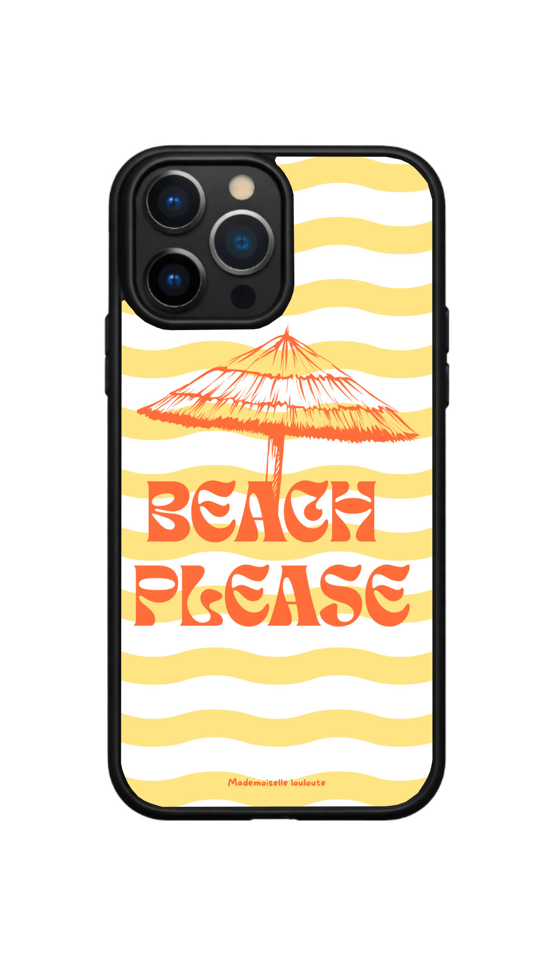 Coque de téléphone Beach Please avec rayures jaunes, parasol de plage et typographie rétro orange, design inspiré des vacances et du soleil.