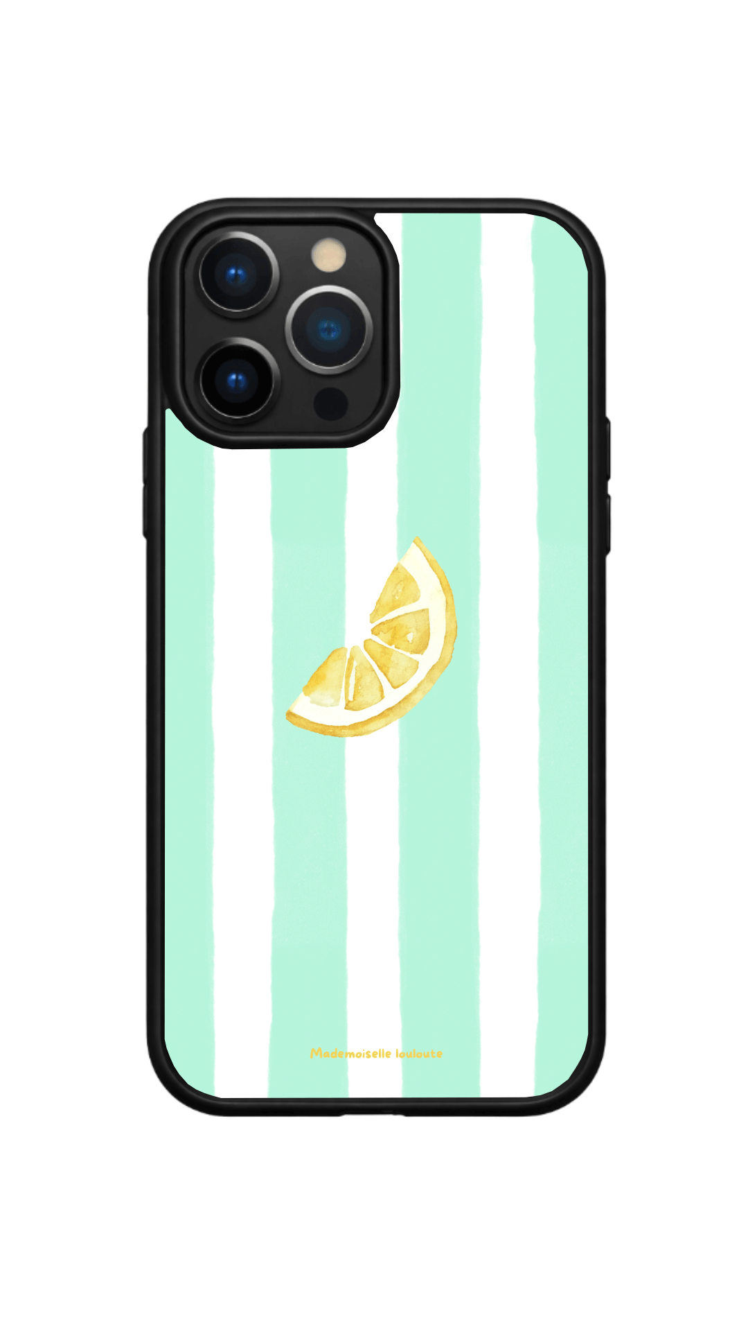 Coque de téléphone Limonade avec rayures vert d'eau et illustration citron aquarelle, design tendance inspiré des vacances, de l'été et de la Méditerranée.
