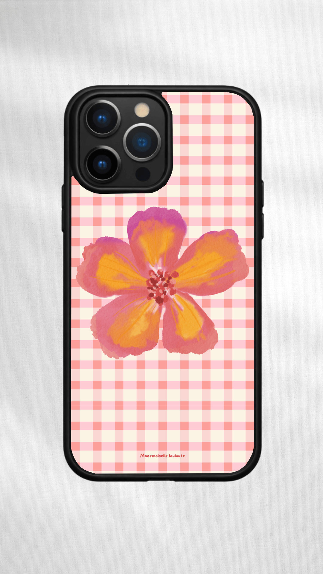 Coque fond vichy + grosse fleur 