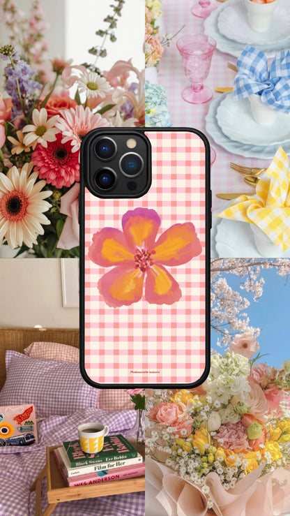 Coque fond vichy + grosse fleur 