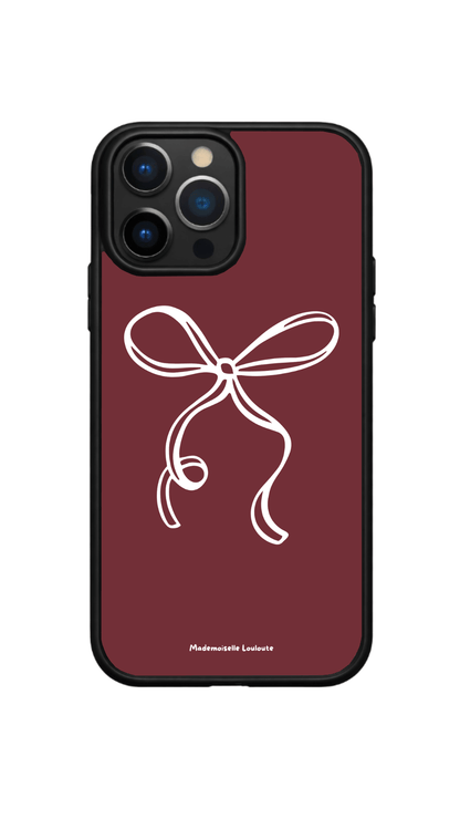 Coque de téléphone Darling bordeaux avec illustration minimaliste d'un nœud blanc