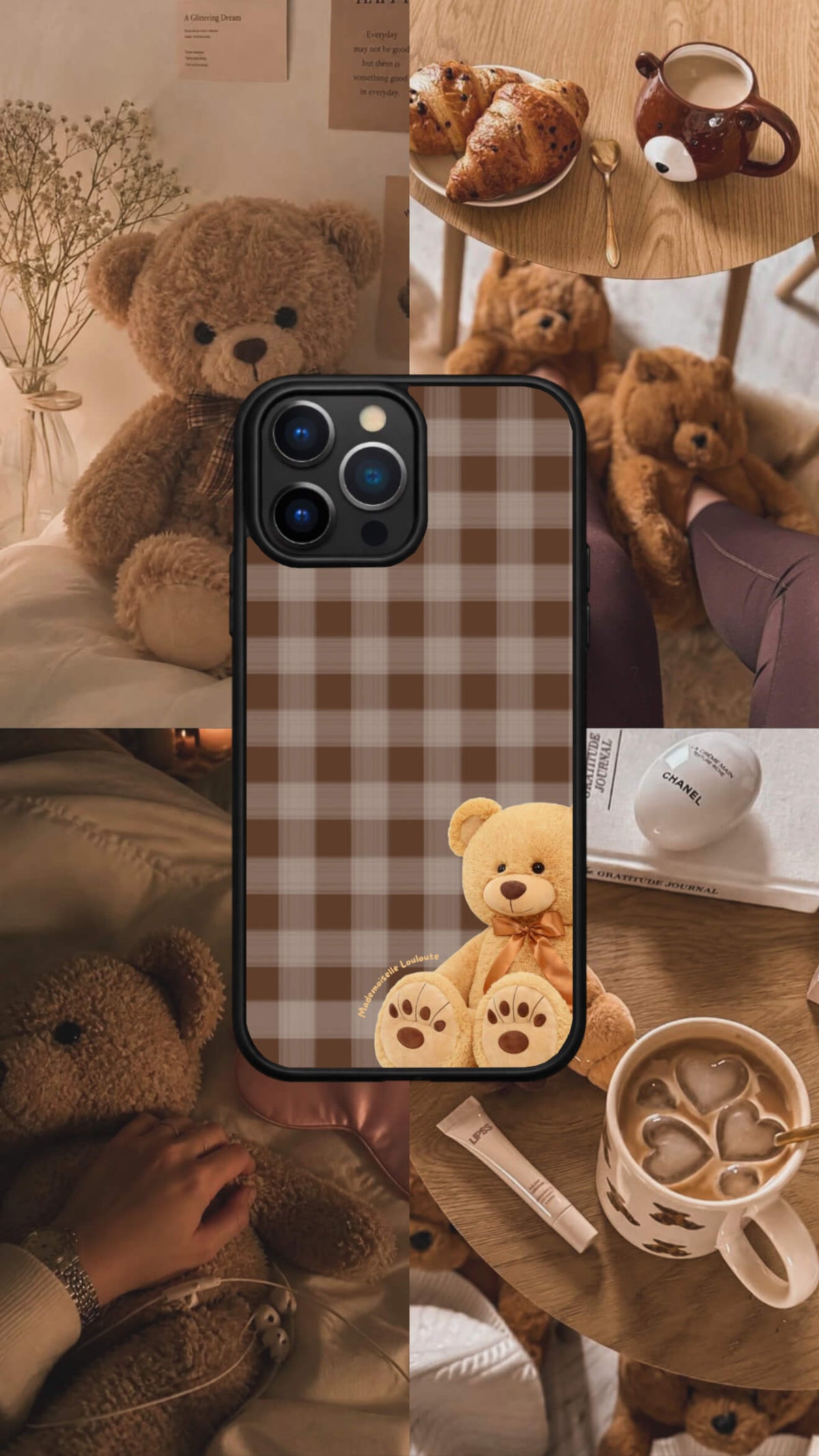 Coque de téléphone Doudou avec petit ours en peluche et motif à carreaux marron
