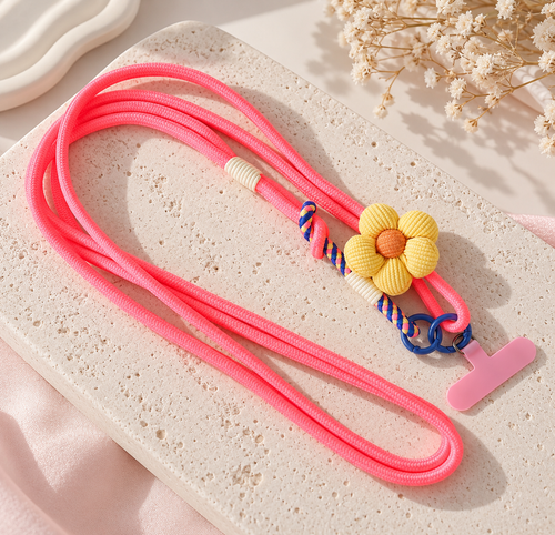 Bijou de téléphone Adèle, cordon rose avec fleur jaune, anneaux bleus et attache rose