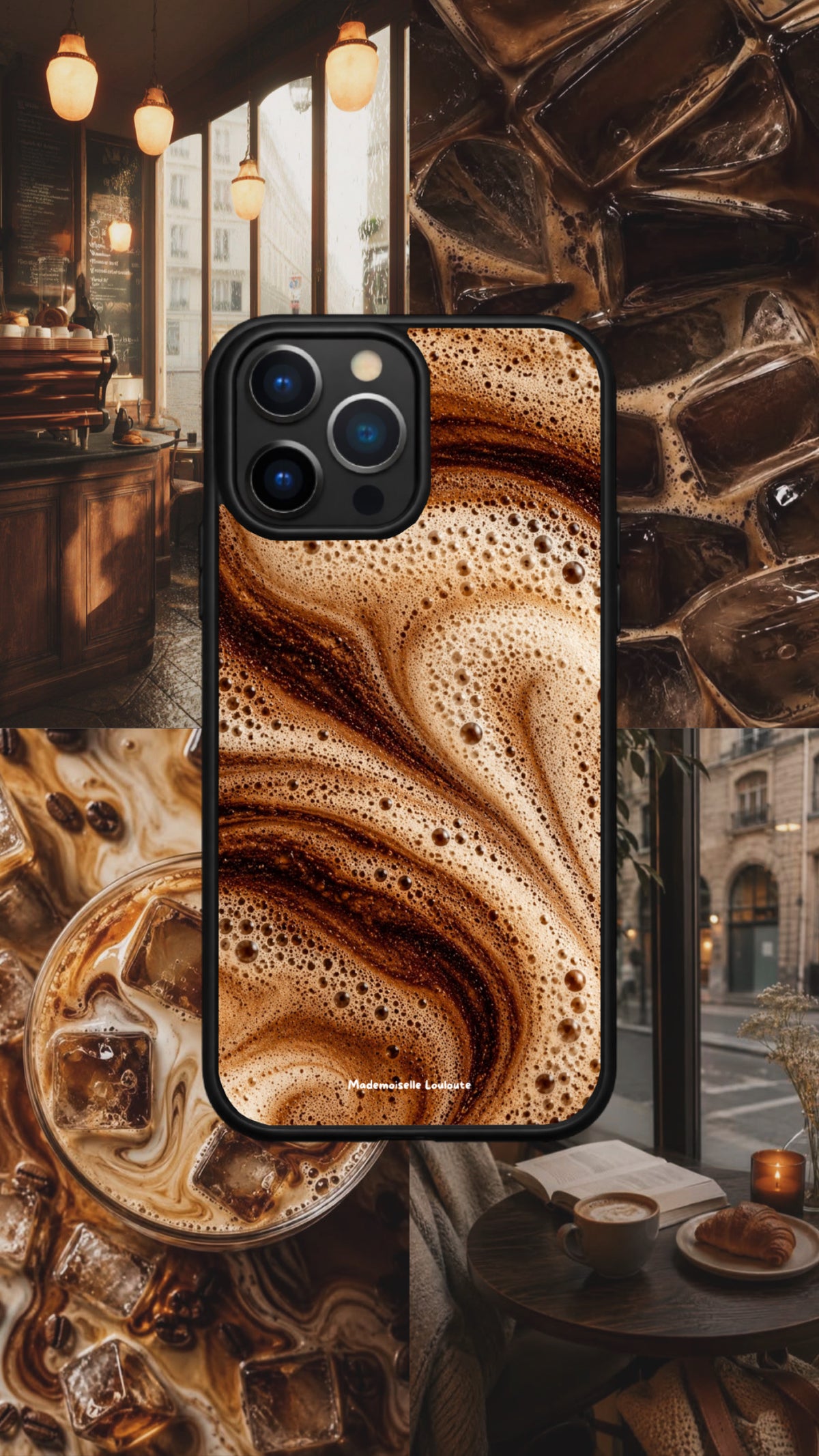 Coque de téléphone Expresso à motif de café et de mousse, présentée dans un montage avec café glacé, comptoir et table de café.