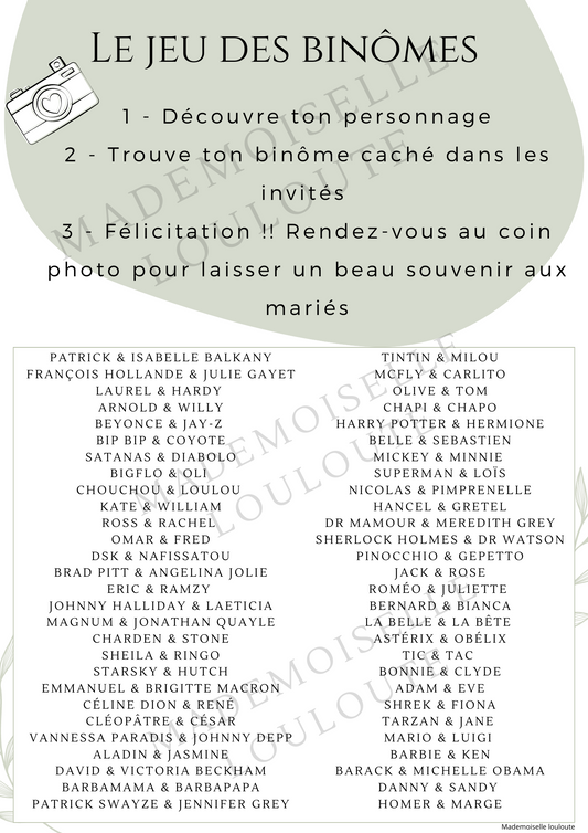 Fichier imprimable - Jeu des binômes (56 binômes) - Mademoiselle Louloute