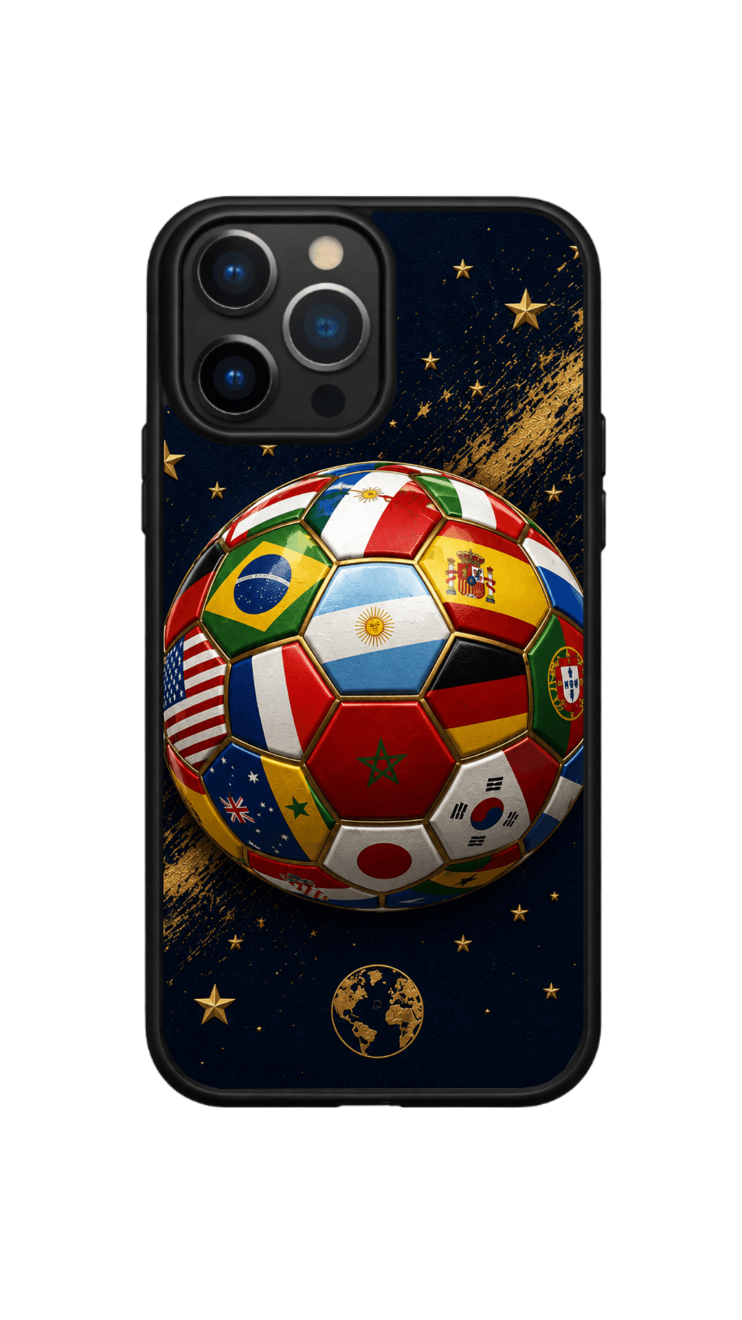 Coque téléphone Globe avec ballon de football composé de drapeaux du monde sur fond bleu nuit et détails dorés