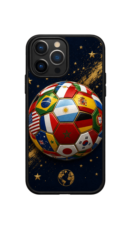 Coque téléphone Globe avec ballon de football composé de drapeaux du monde sur fond bleu nuit et détails dorés