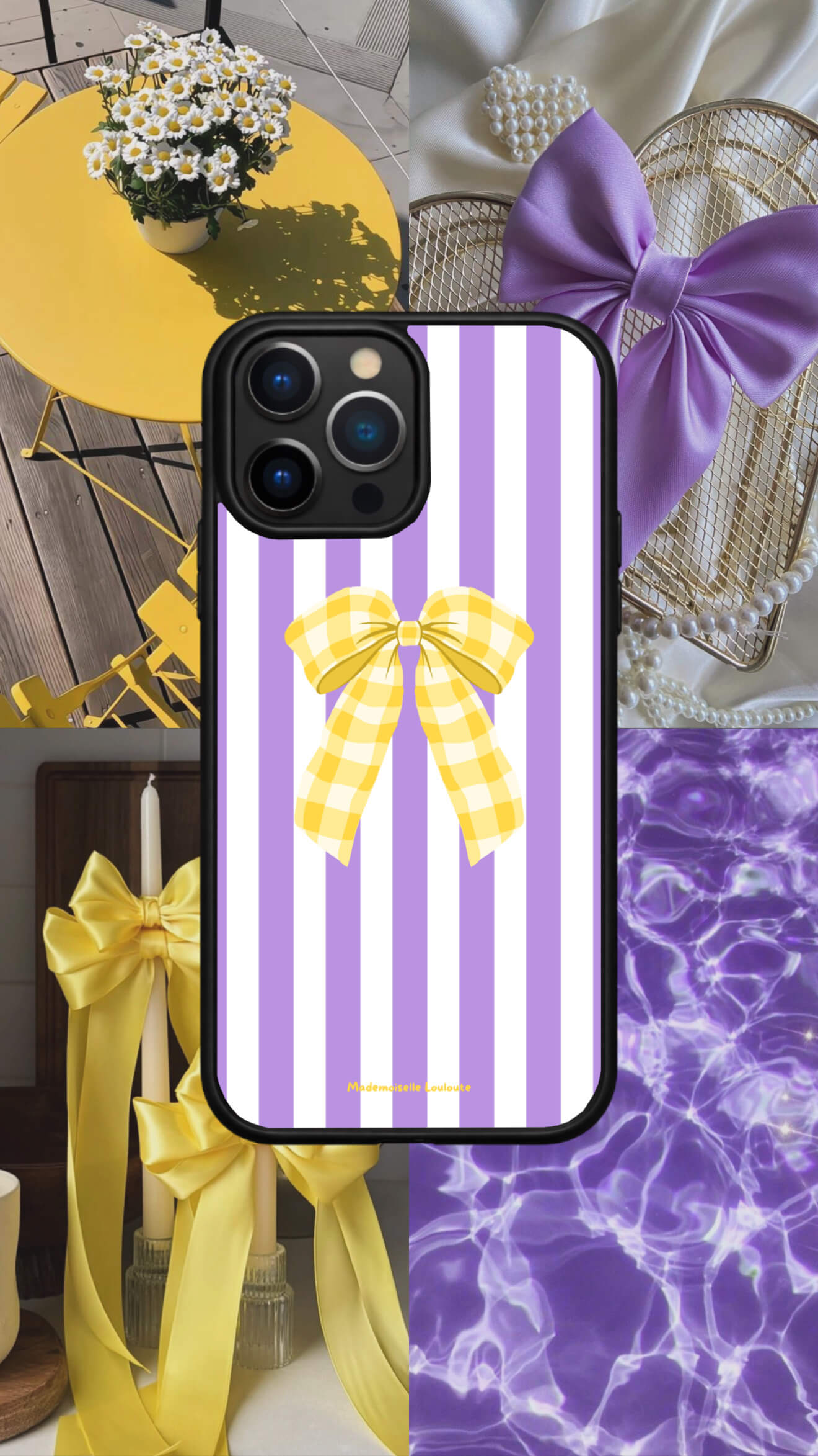 Coque de téléphone Honey Bow violette et blanche avec grand nœud jaune vichy