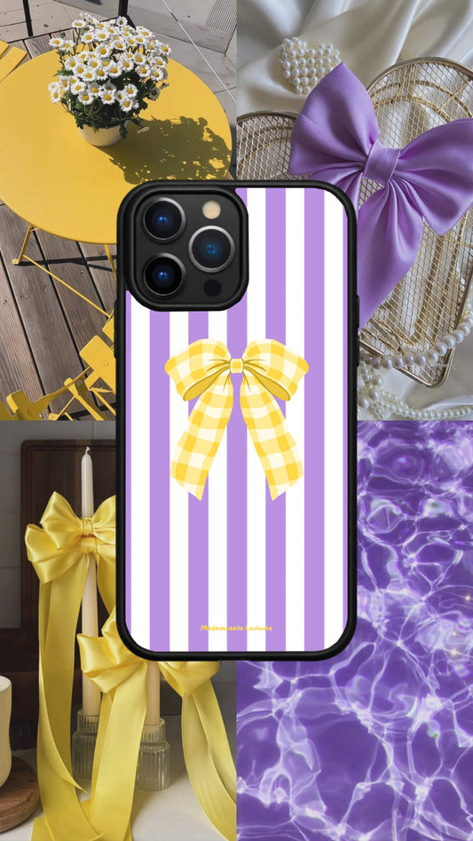 Coque de téléphone Honey Bow violette et blanche avec grand nœud jaune vichy