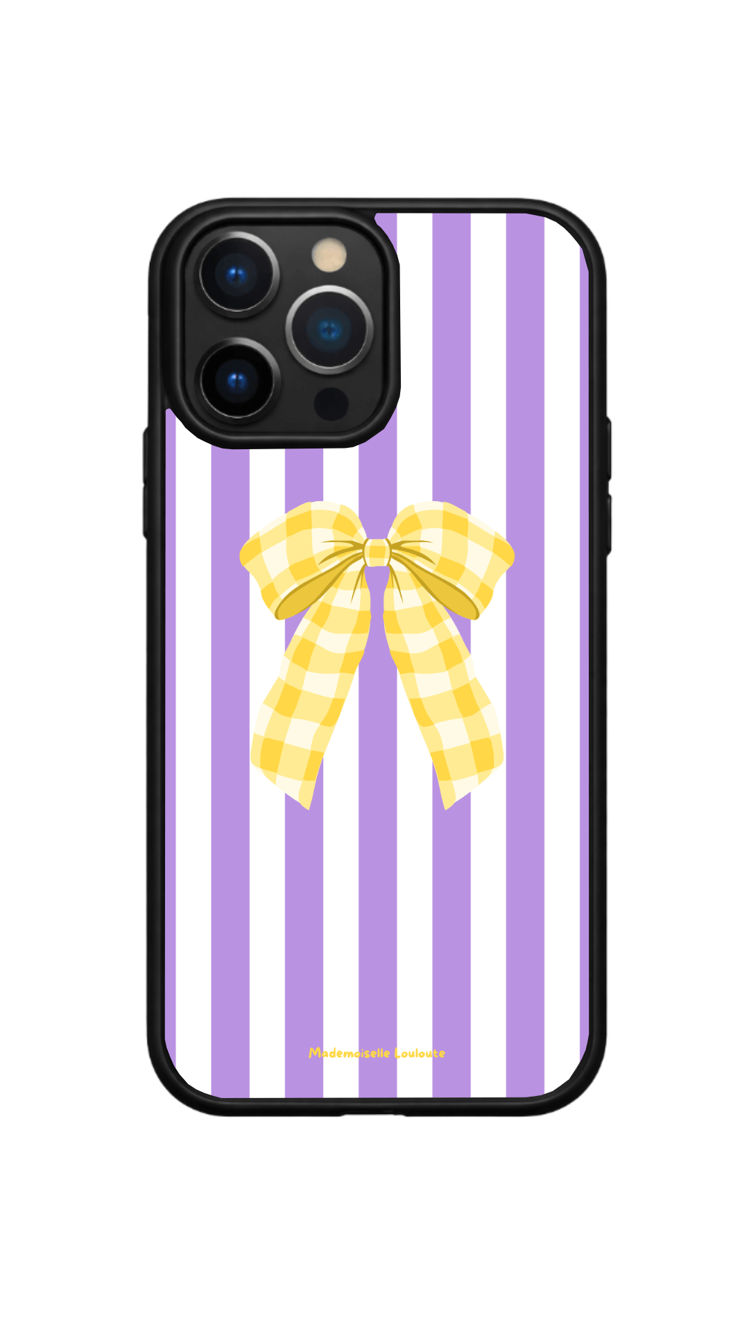 Coque de téléphone Honey Bow violette et blanche avec grand nœud jaune vichy
