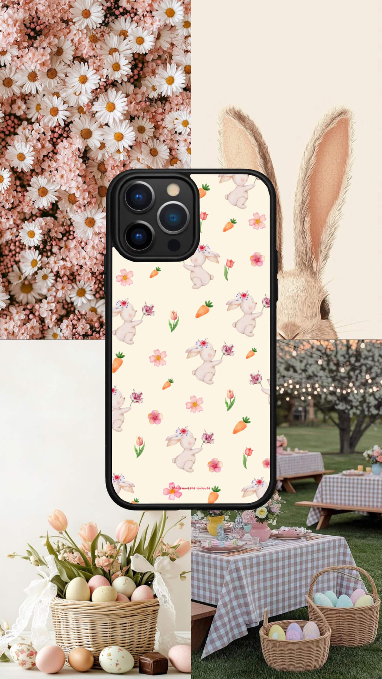Coques lapin carotte fleurs. Moodboard 
