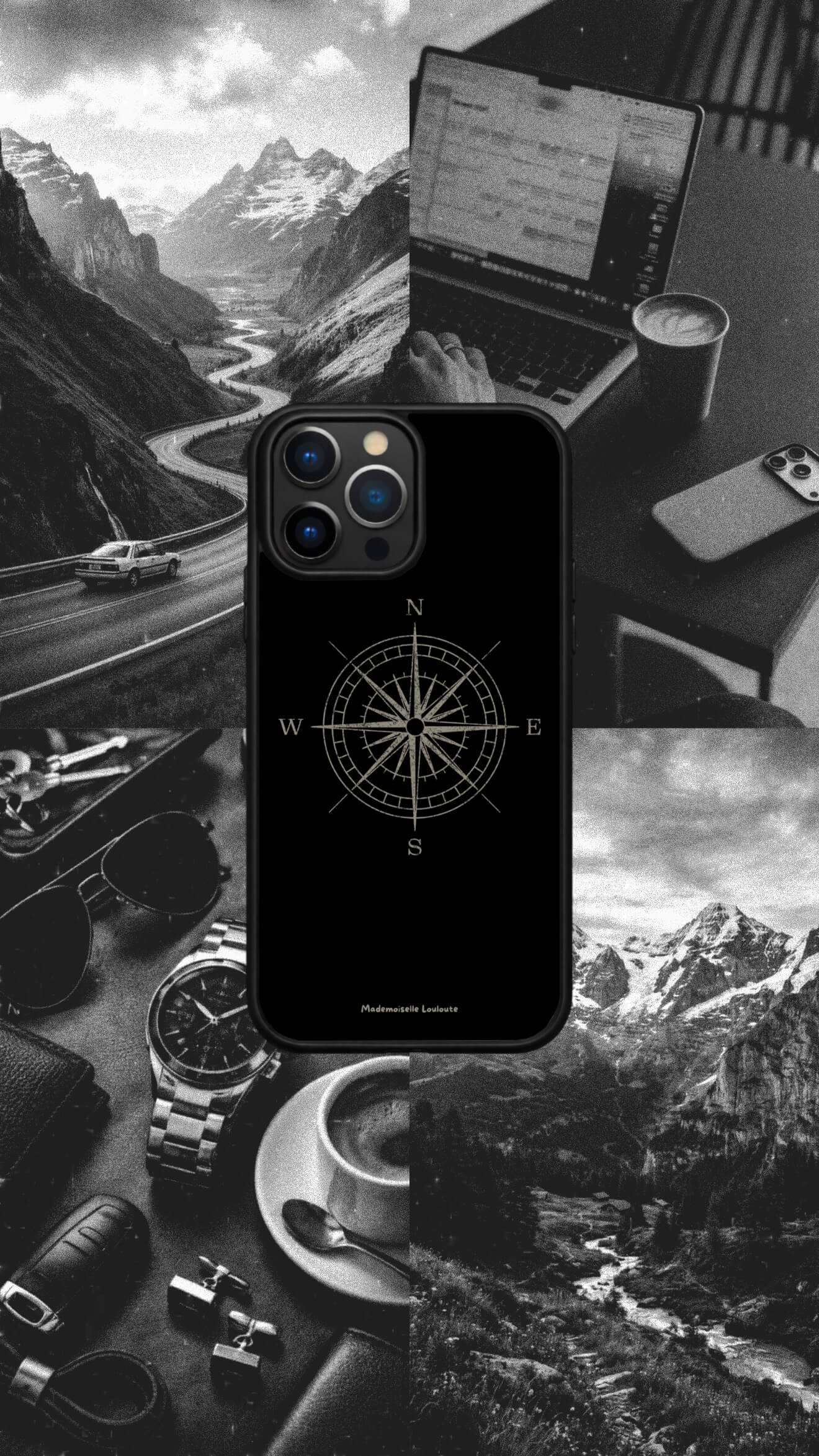 Coque de téléphone Horizon avec design boussole noir et blanc inspiré du voyage et de l'aventure.