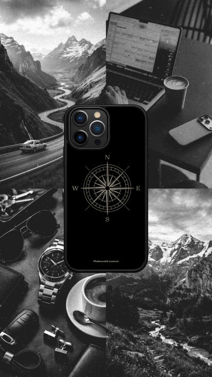 Coque de téléphone Horizon avec design boussole noir et blanc inspiré du voyage et de l'aventure.