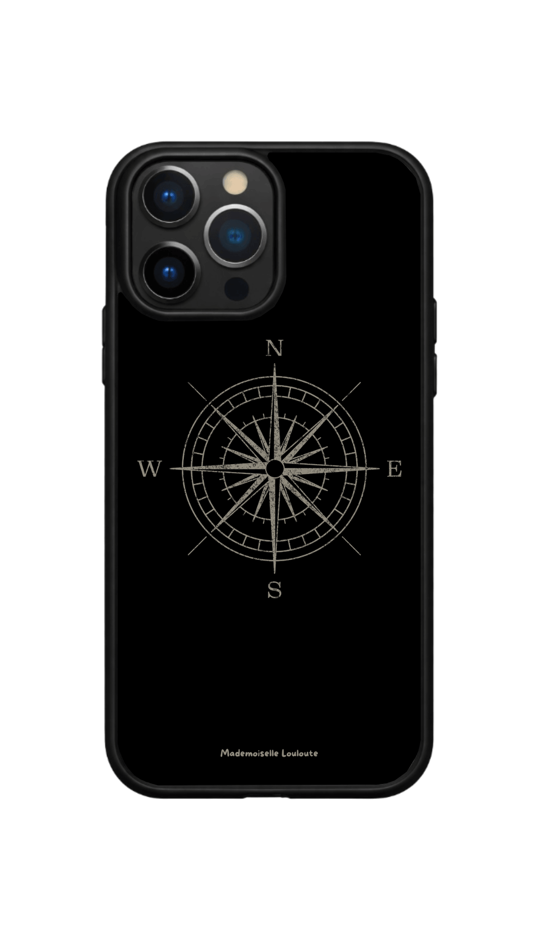 Coque de téléphone Horizon avec design boussole noir et blanc inspiré du voyage et de l'aventure.