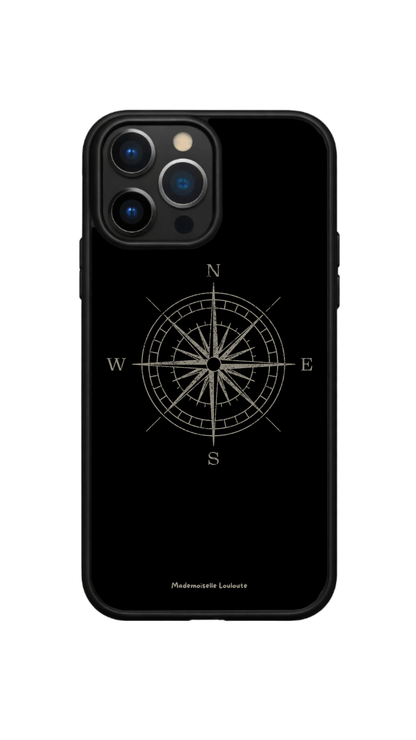 Coque de téléphone Horizon avec design boussole noir et blanc inspiré du voyage et de l'aventure.