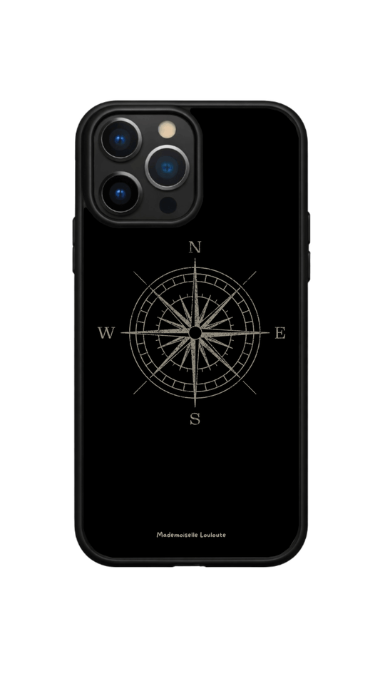 Coque de téléphone Horizon avec design boussole noir et blanc inspiré du voyage et de l'aventure.