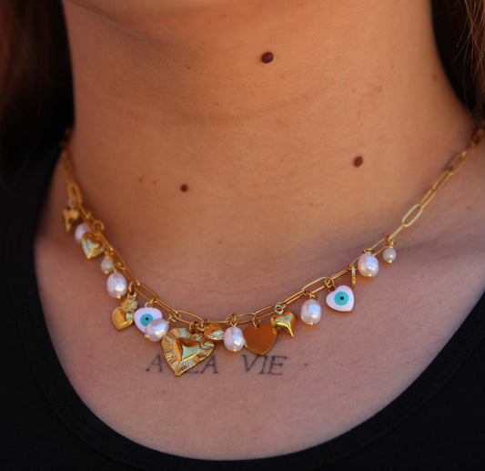 Collier Elodie, or pampilles cœur, perles nacrées, œil protecteur 