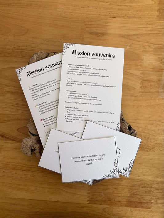 Jeu mission souvenir imprimé, activité originale mariage 
