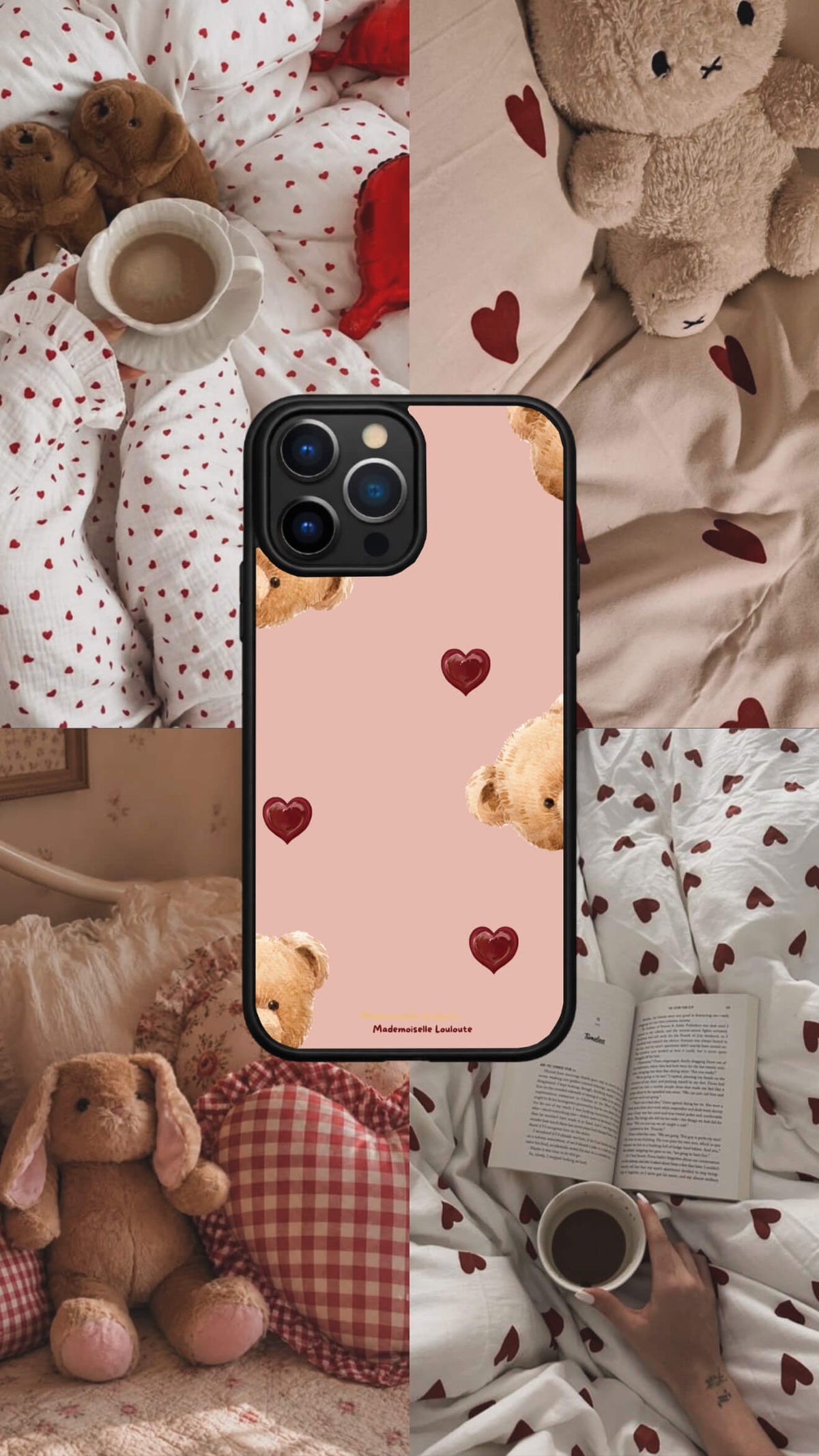 Coque de téléphone Mimi rose poudré avec petits ours en peluche et cœurs bordeaux
