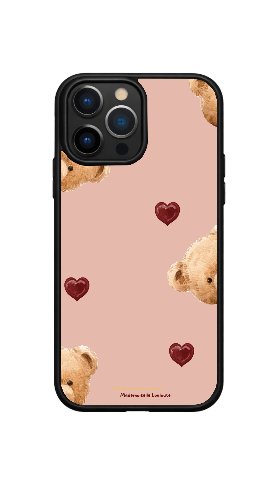 Coque de téléphone Mimi rose poudré avec petits ours en peluche et cœurs bordeaux