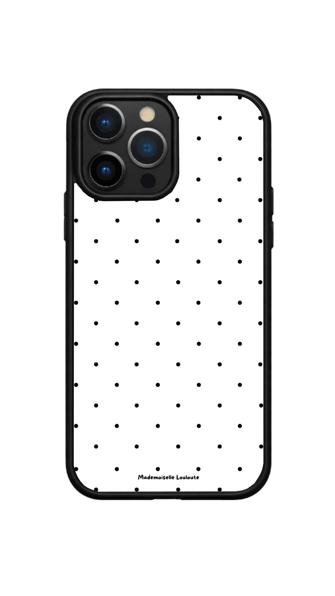 Coque de téléphone Mini Pois de la collection Beaux Jours avec motif de petits pois noirs sur fond blanc.