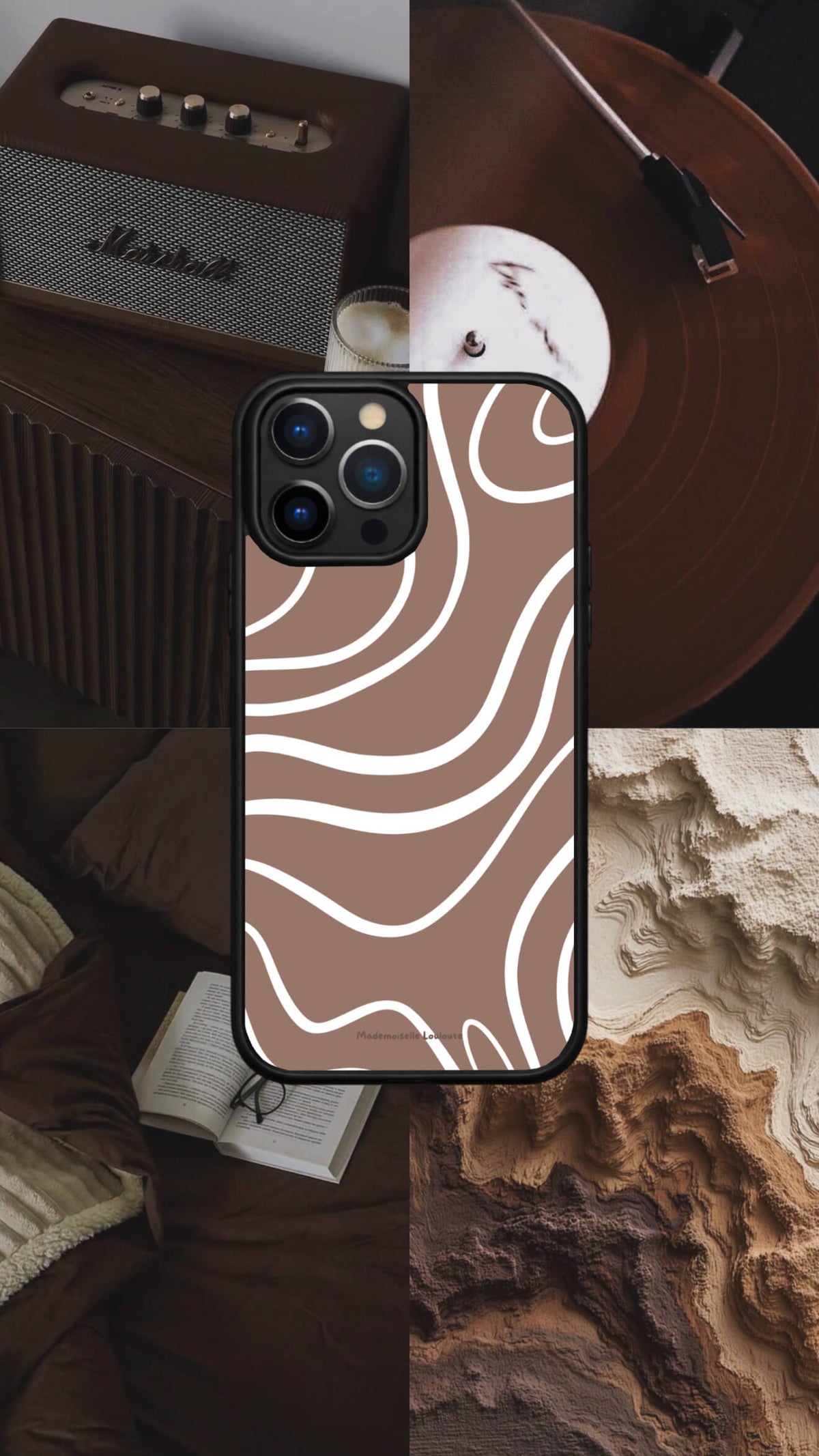 Coque de téléphone Moka marron avec motif de lignes ondulées crème

