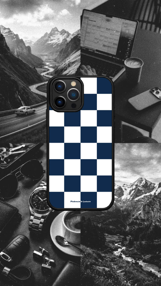 Coque de téléphone Monaco avec motif damier bleu moderne
