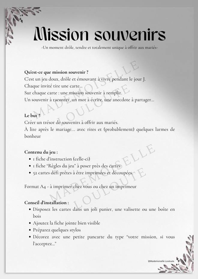pdf jeu mission souvenir, jeu mariage 