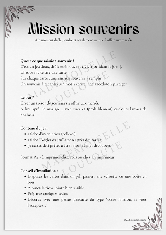 pdf jeu mission souvenir, jeu mariage 