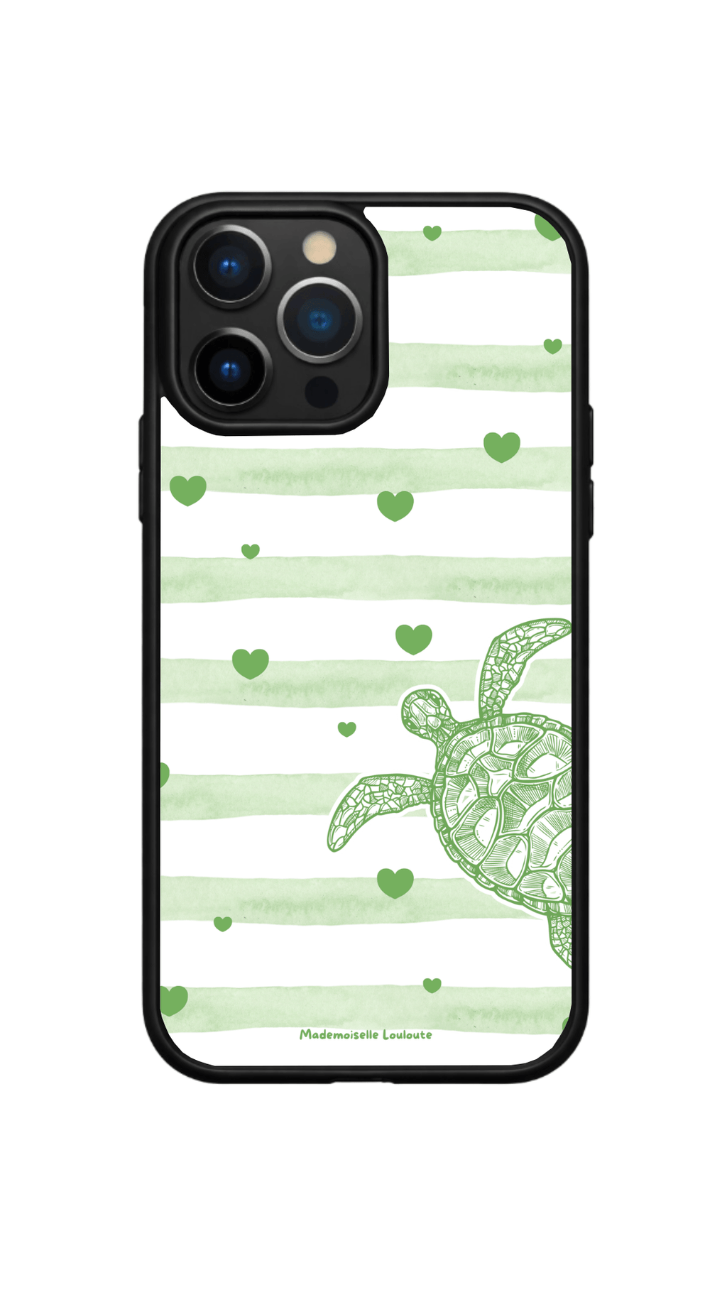 Coque de téléphone Naya de la collection Beaux Jours avec rayures vert d'eau, petits cœurs et tortue marine.