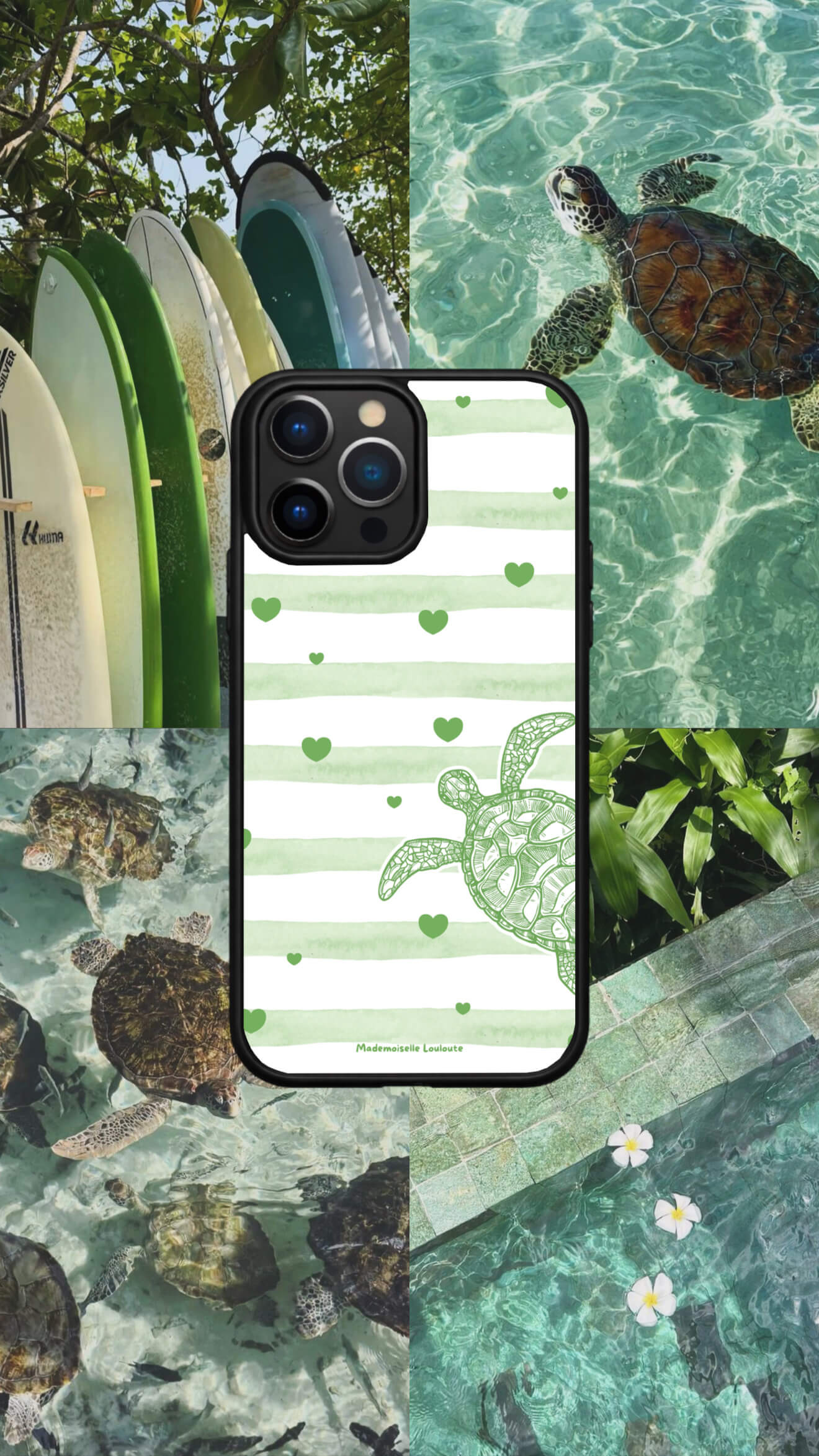 Coque de téléphone Naya de la collection Beaux Jours avec rayures vert d'eau, petits cœurs et tortue marine.