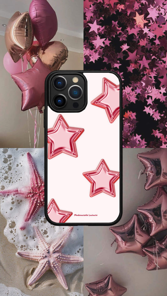 Coque de téléphone Pink Star rose avec étoiles glossy et reflets métallisés