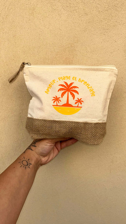 Pochette inscription "amour, plage et bronzage" design palmier coucher de soleil 