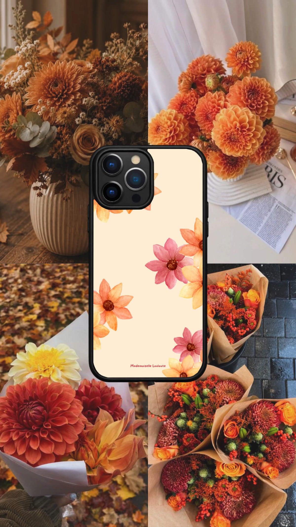 Coque de téléphone Poppy avec fleurs roses, orange et jaunes sur fond crème