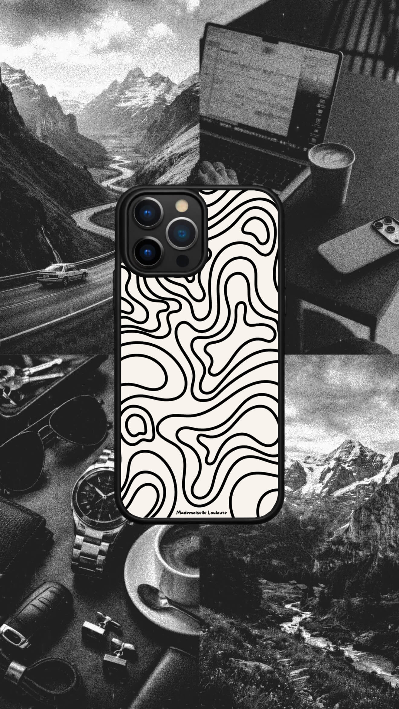 Coque de téléphone Relief avec motif abstrait de lignes topographiques noires sur fond clair.