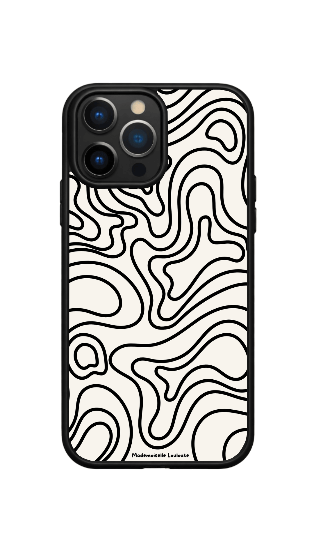 Coque de téléphone Relief avec motif abstrait de lignes topographiques noires sur fond clair.