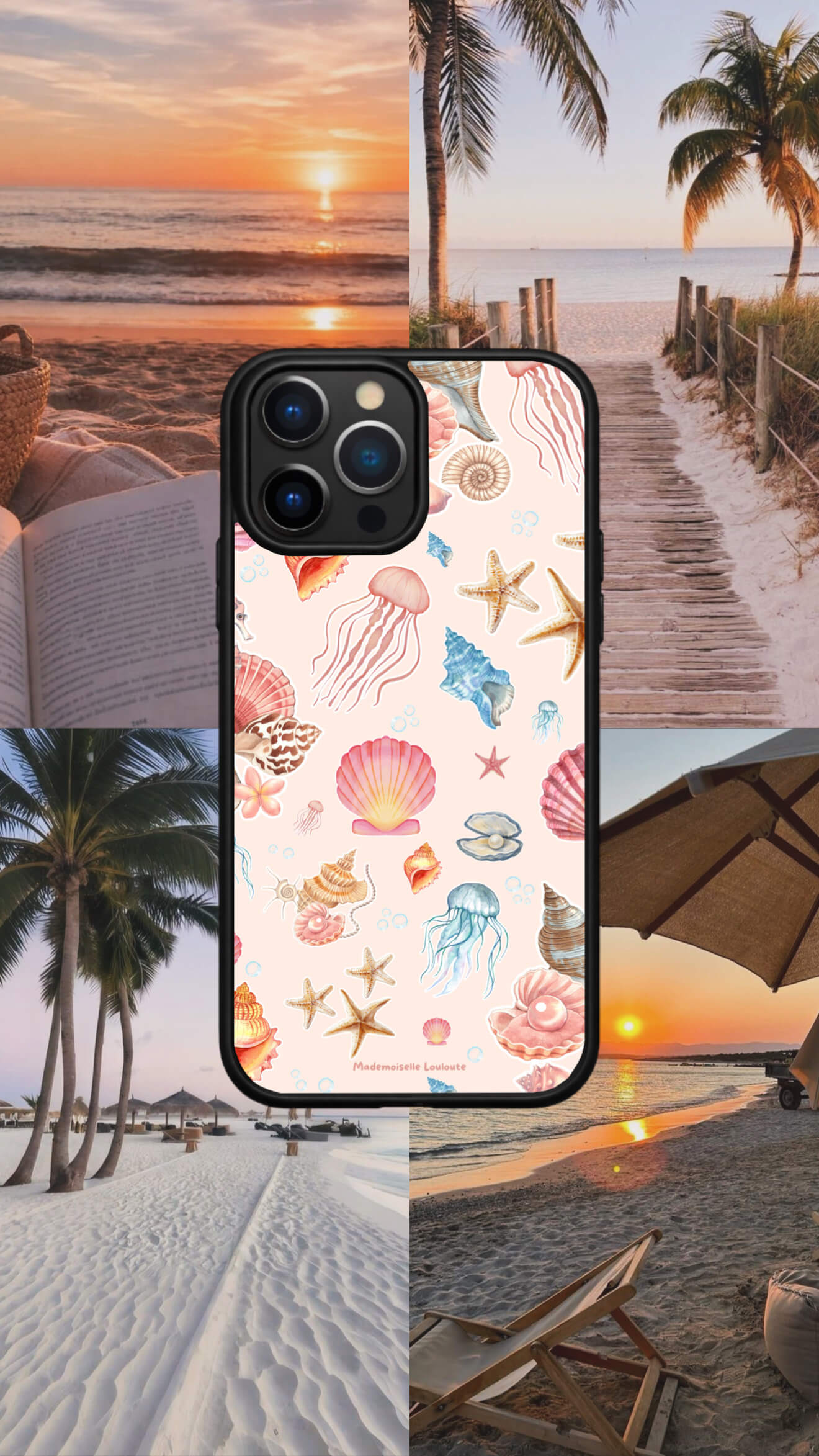 Coque de téléphone Rivage de la collection Beaux Jours avec coquillages, étoile de mer, méduse et illustrations marines.