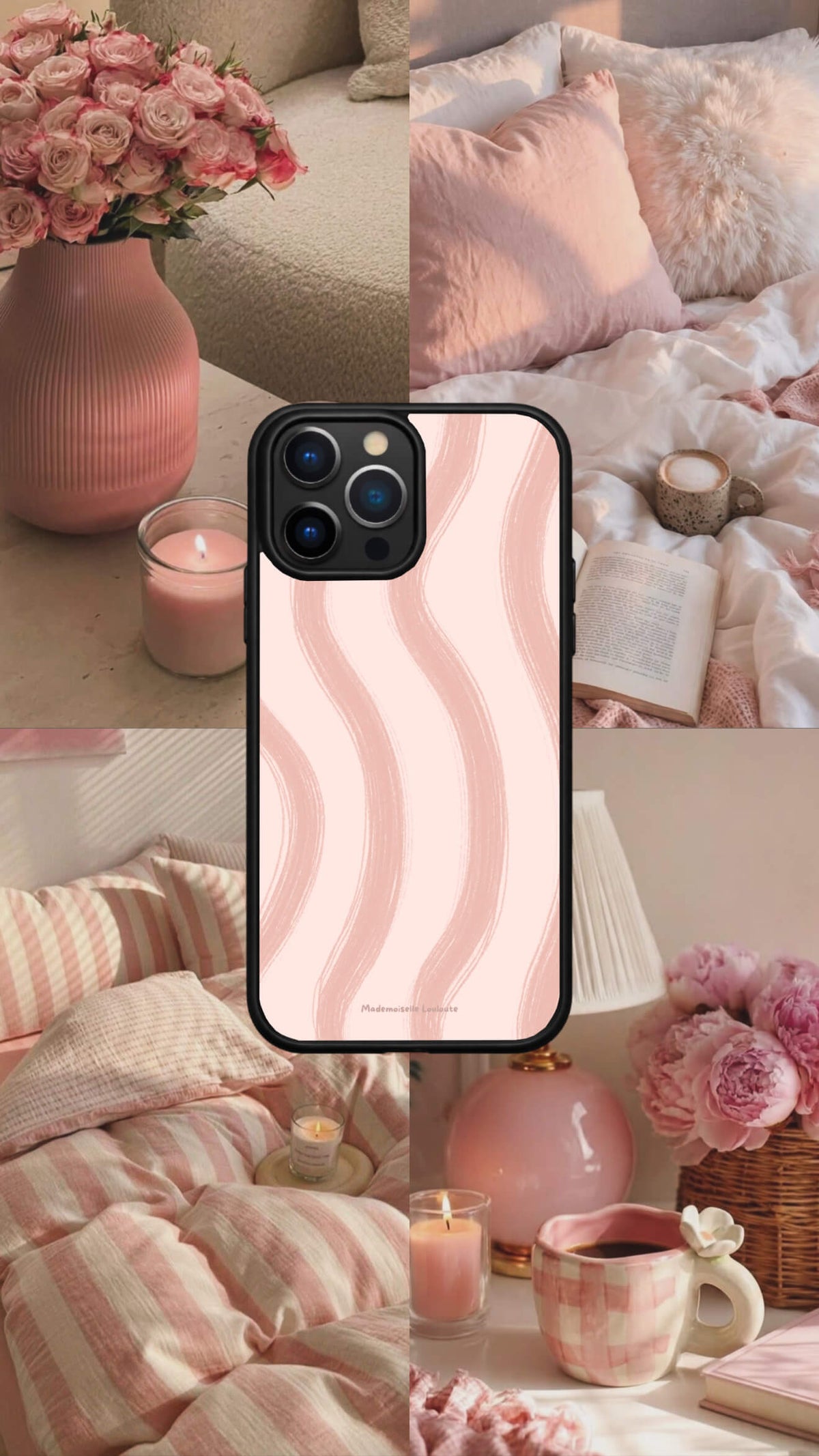 Coque de téléphone Rosy rose poudré avec motif de lignes ondulées
