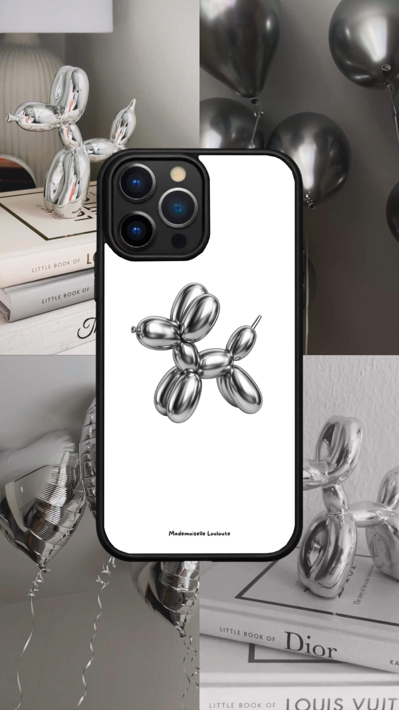 Coque de téléphone Silver Dog avec chien ballon argenté sur fond blanc