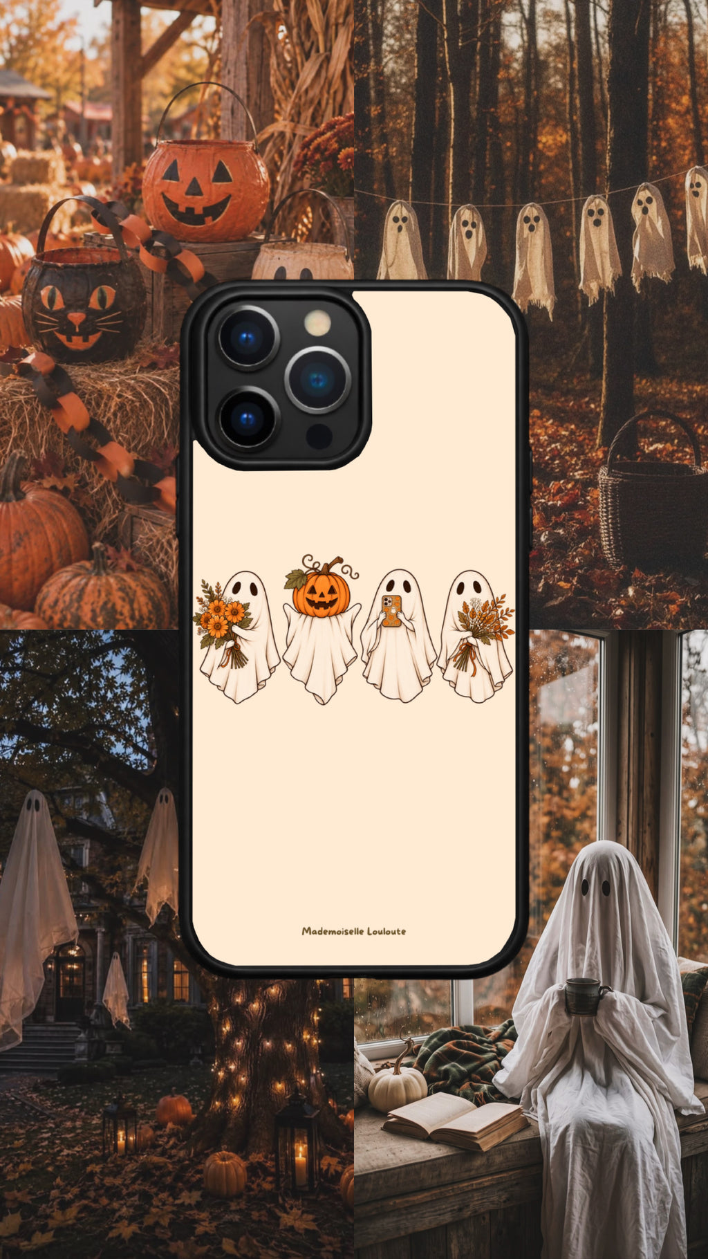 Coque de téléphone Spooky à motif de quatre petits fantômes, présentée dans un décor d’Halloween avec citrouilles et fantômes.