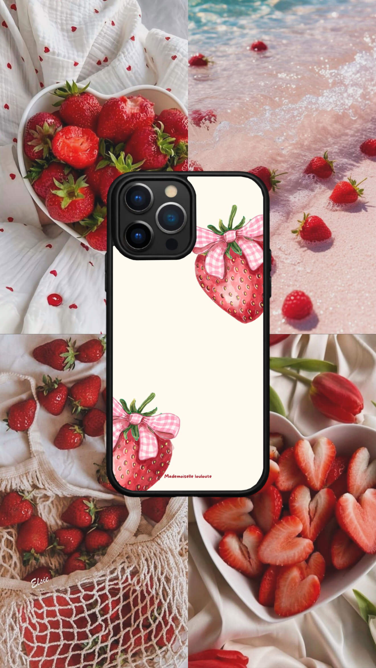 Coque de téléphone Strawberry Kiss avec fraises et nœuds vichy rose sur fond crème
