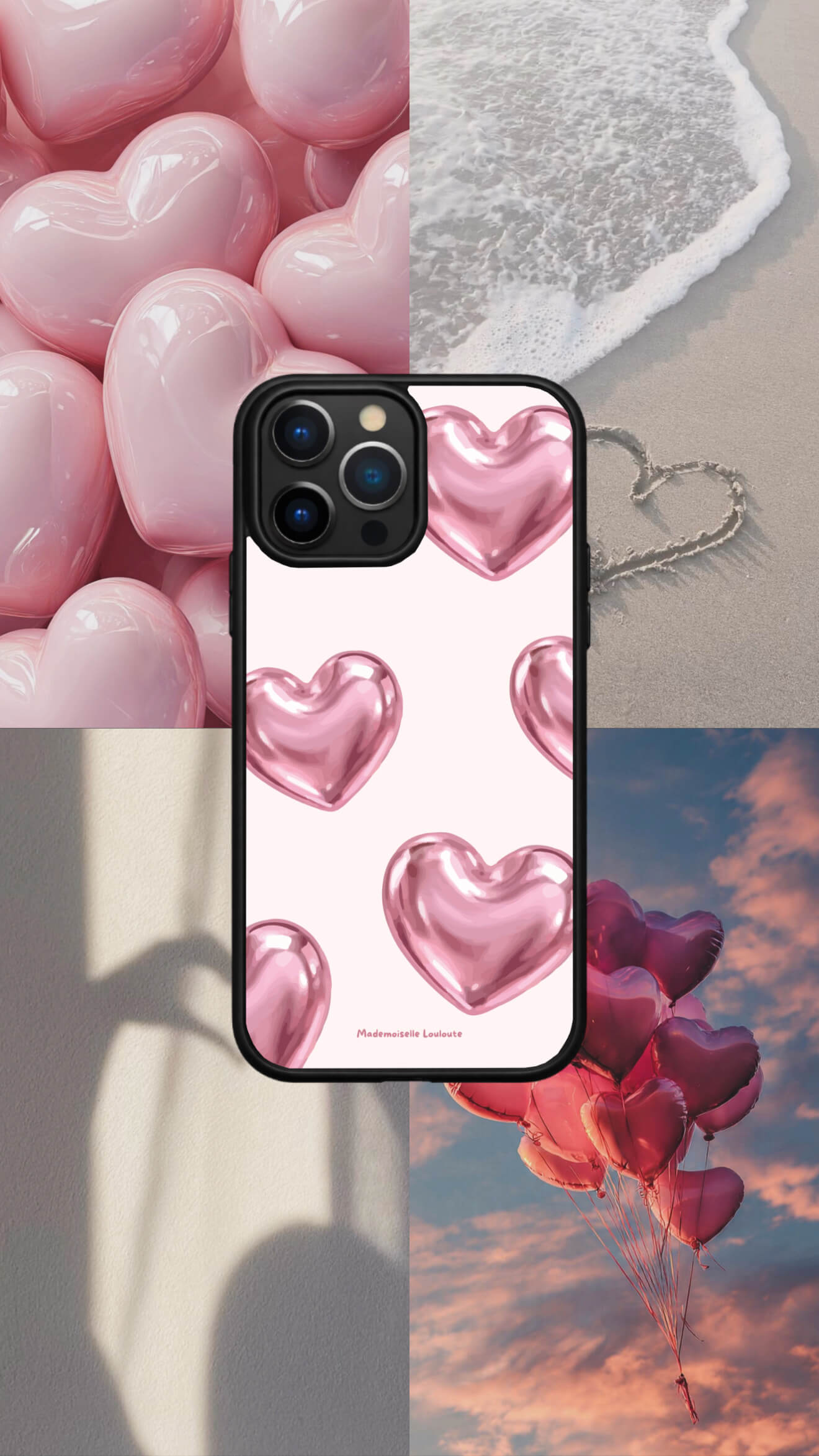 Coque de téléphone Sugar Heart rose avec cœurs glossy sur fond rose poudré