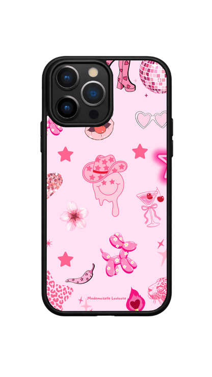 Coque de téléphone Summer Pop de la collection Beaux Jours avec illustrations estivales roses, cocktail, fleurs, étoiles et petits cœurs.