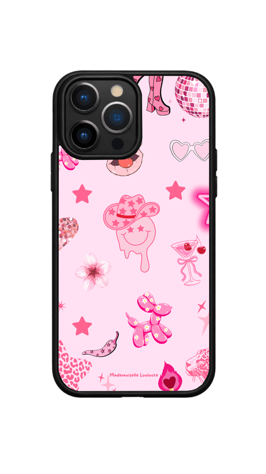 Coque de téléphone Summer Pop de la collection Beaux Jours avec illustrations estivales roses, cocktail, fleurs, étoiles et petits cœurs.