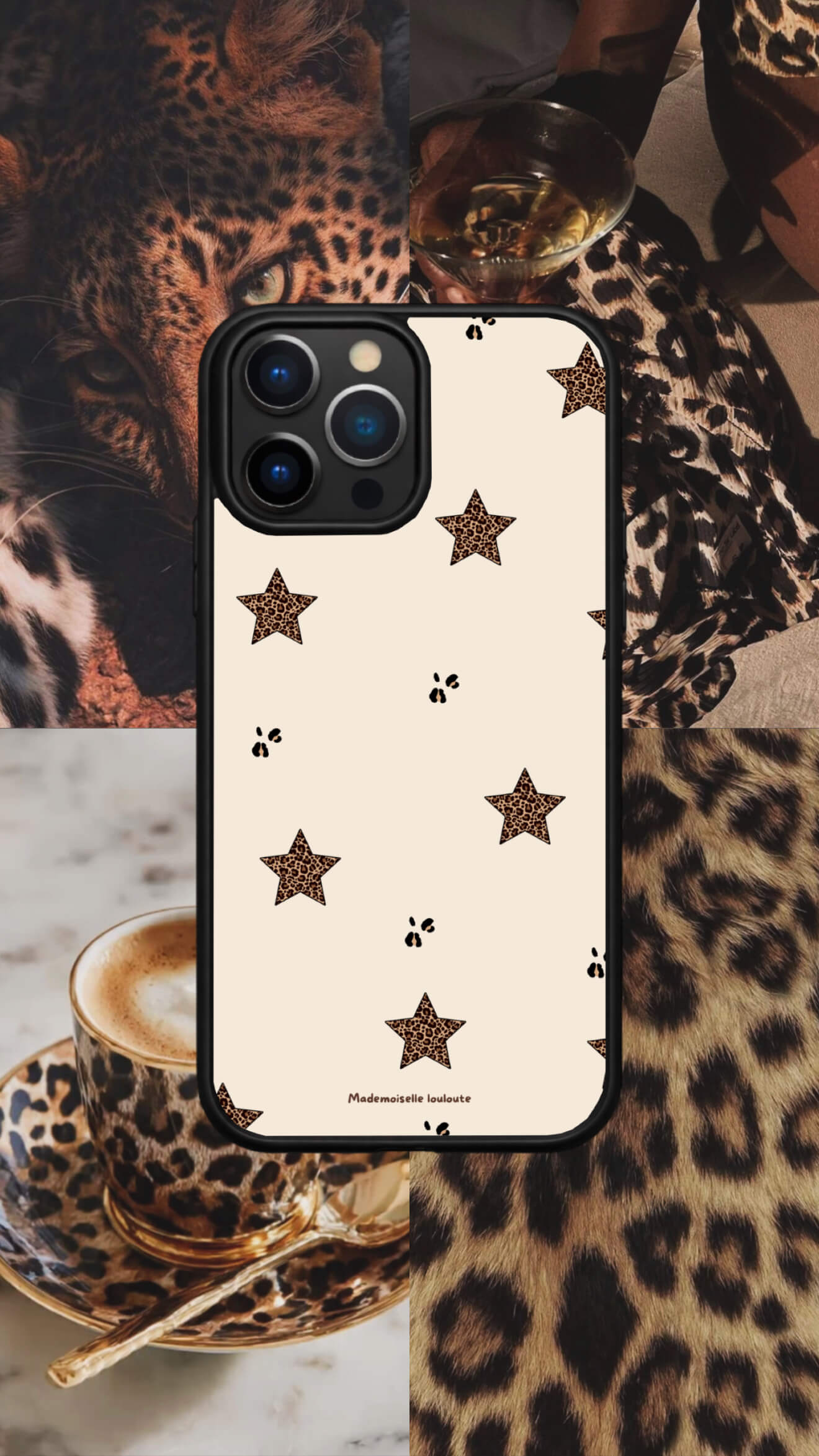 Coque de téléphone Wild Star crème avec étoiles léopard et empreintes noires