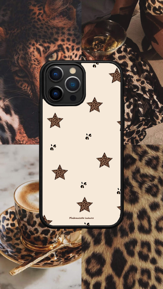 Coque de téléphone Wild Star crème avec étoiles léopard et empreintes noires